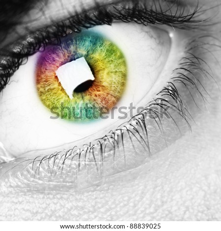 colorful rainbow eye, black and white photo