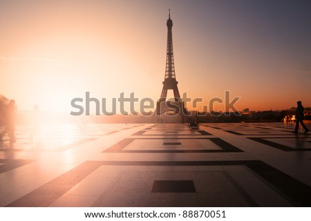 Paris, France: Eiffel Tower at sunset (or sunrise) from Trocadero. Copy space on left