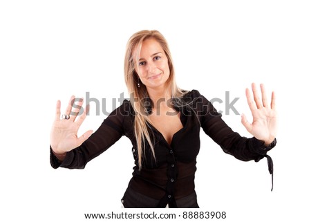 Business woman making stop sign - isolated over white