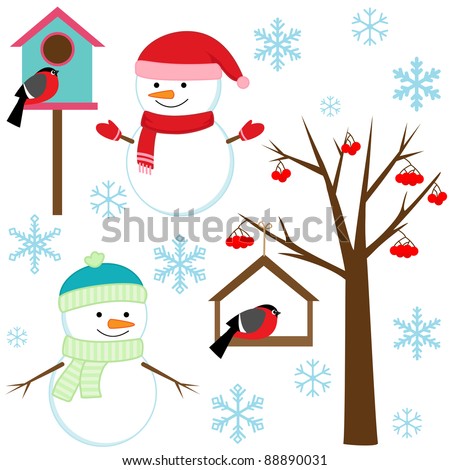 Snowman, birds, tree, snowflakes and birdhouses - winter set.