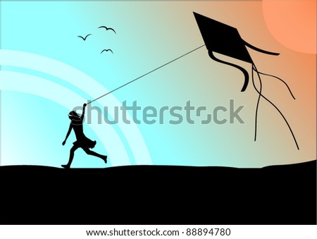 A girl is pulling a kite at outdoor with beautiful sunset
