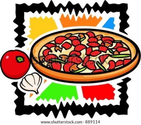 A vector illustration of a pizza with onion and tomato.
