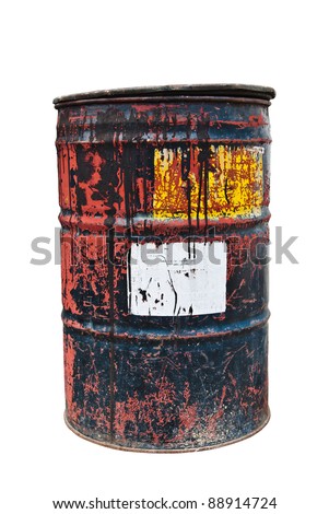 Old rusty oil drum with white sticker on white isolated background Royalty-Free Stock Photo #88914724