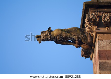 Gargoyle wolf, ready to jump from the Dom church in Utrecht, Holland. With fine crafted architectural elements.