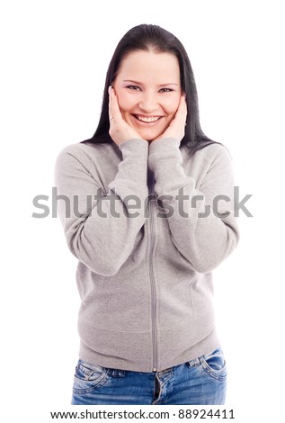 pretty surprised teenage girl looking to the side, isolated against white background,  copy-space for your text