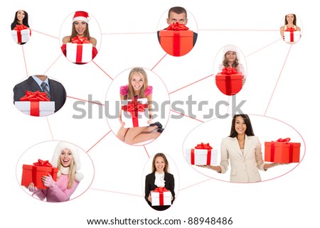 A group of excited people happy smile hold holiday gift box in hands isolated, concept of social network community christmas greetings (some models photographed more than once)