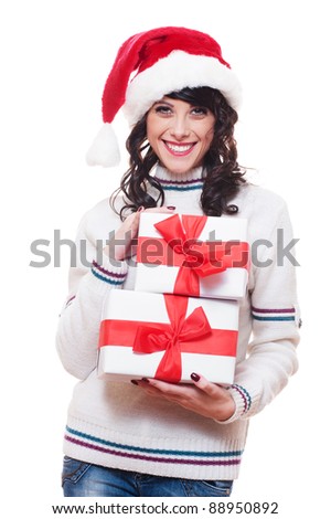 joyful santa girl holding boxes of presents. isolated on white background