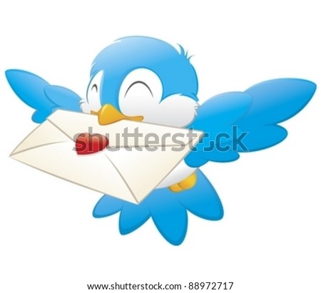 Cartoon vector illustration of a blue bird delivering love letter
