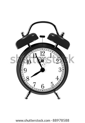 close up of black bell clock (alarm clock) isolated on white background