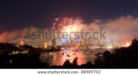 Sydney City panoramic view on fireworks at new year celebration light show dusk lights reflection in harbour over CBD and bridge