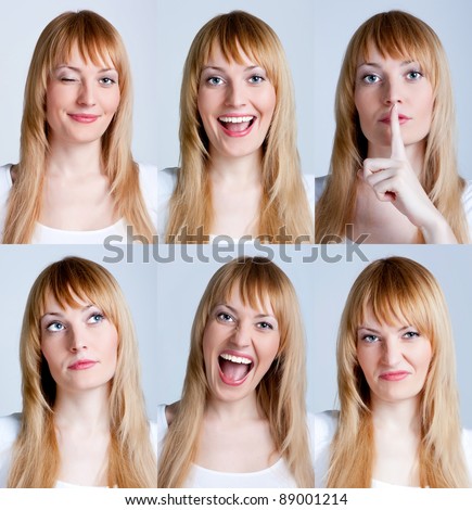 Young woman with multiple face expressions