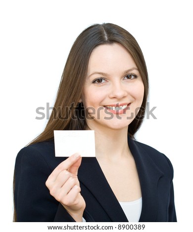 Young smiling woman with the card. Isolated on white background