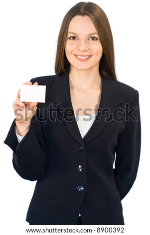 Young smiling woman with the card. Isolated on white background