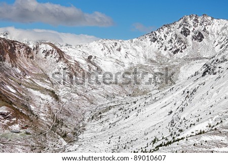 Icy valley. Varadega Valley over 2000 meters on the sea-level during fall. Italy. Under the first snow of autumn