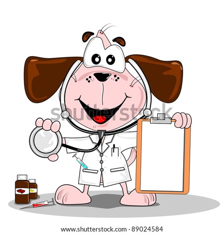 A cartoon dog as doctor or vet with stethoscope & blank clipboard