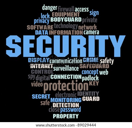 security info-text graphics and arrangement concept on black background (word cloud)