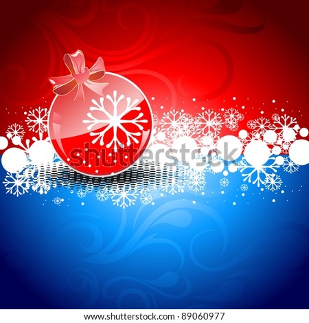 a red color decorative Christmas ball on red & blue color background for Christmas & other occasions.