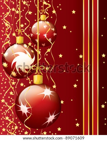 Festive Christmas card with balls, stars and paper streamer. EPS 10.