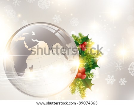 Christmas holiday background with world globe and pine tree decoration