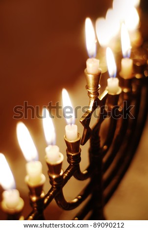 Brightly Glowing Hanukkah Menorah - Shallow Depth of Field