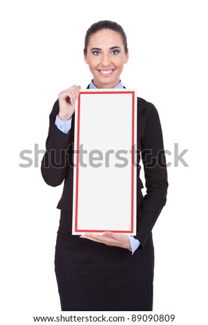young, smiling businesswoman holding blank banner, isolated on white background
