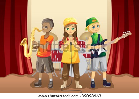 A vector illustration of little kids playing music in a music band