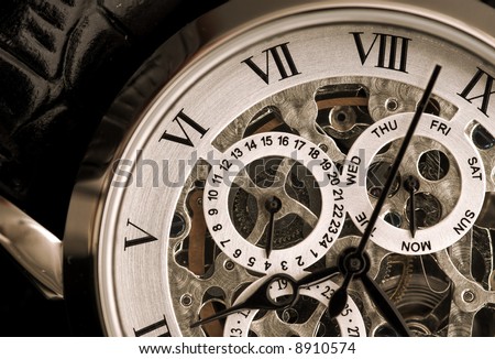 Gentleman’s watch, with exposed mechanism showing wheels and cogs Royalty-Free Stock Photo #8910574