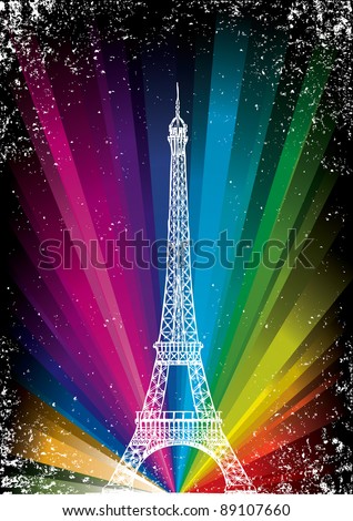 Vector card with eiffel tower on a rainbow background. Party and club flyer concept.