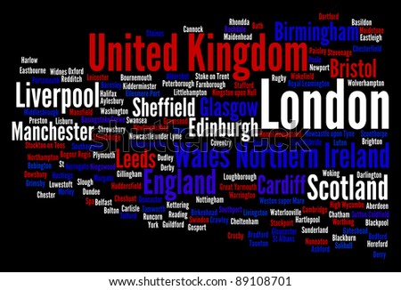 United Kingdom main cities with the flag colors info-text graphics and arrangement word clouds illustration concept