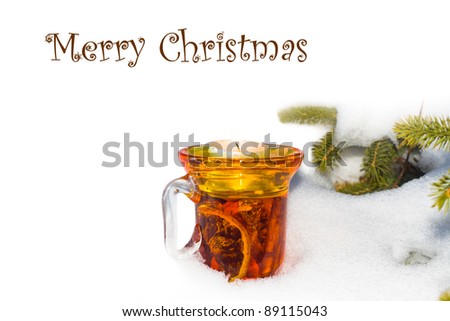 Christmas time, glass of mulled wine for card on the white background having much copy space