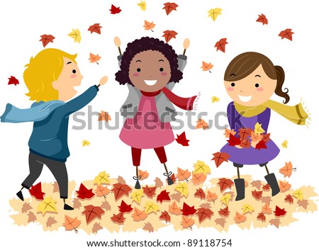 Illustration of Stick Kids Playing with Autumn Leaves