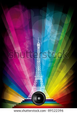 vector card with eiffel tower and neon lights on a rainbow background