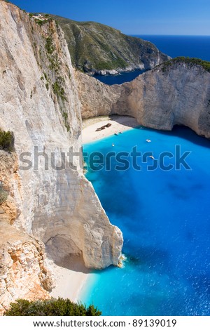 Navagio - the most famous beach on Zakynthos island with shipwreck and anchoring boats  (Greece, Ionian islands)
