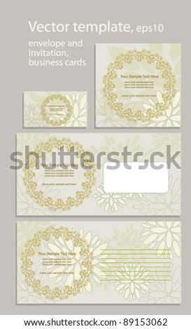 Vector template on floral background: envelope, business card and invitation on floral background