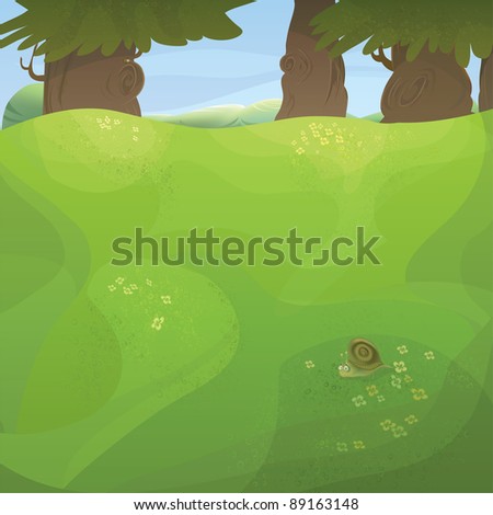 nature series with copyspace. Spring or summer meadow with flowers, trees, funny snail and mountains in the background. Vector also available