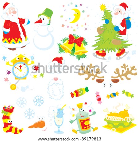 Set of Santa Claus, snowman, moon and stars, Christmas tree, clock, hat and beard, sweets, sock with candies, snowflakes, tall wineglass, wine bottle and fried turkey hen