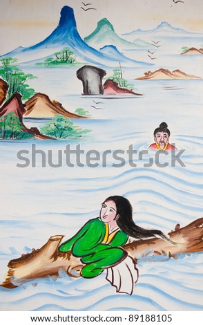 chinese flood victims painting on wall in chinese temple