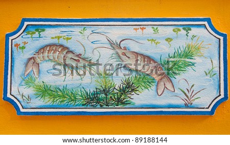 chinese shrimp painting on wall in chinese temple