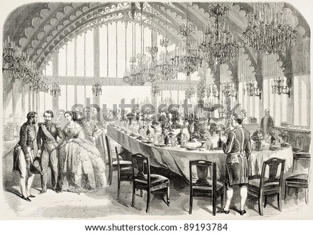 Banquet in honour of Napoleon III and empress Eugenie in Brest prefecture, old illustration. Created by Worms after photo of Bernier, published on L'Illustration, Journal Universel, Paris, 1858