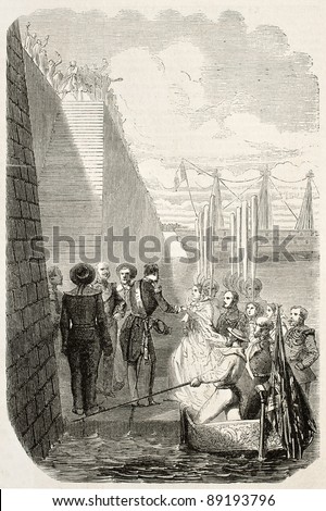 Queen of England welcome in Cherbourg port, old illustration. Created by Janet-Lange, published on L'Illustration, Journal Universel, Paris, 1858