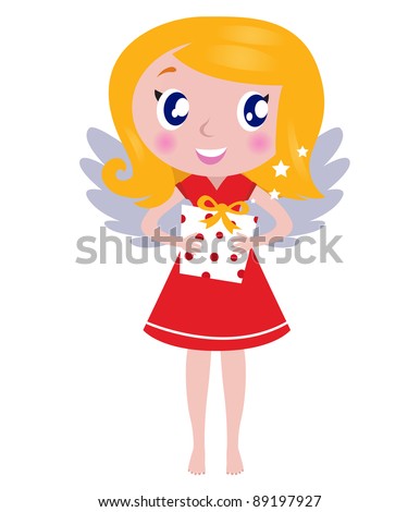 Christmas cartoon angel Girl with gift isolated on white