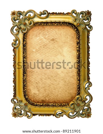 old antique gold frame with old paper over white background