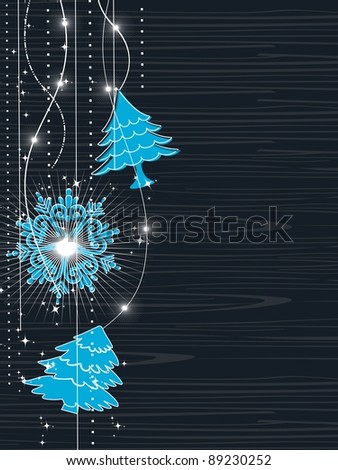 A beautiful Christmas card  having hanging Christmas tree, snowflakes with shiny star in dark blue color on floral & wave  background.