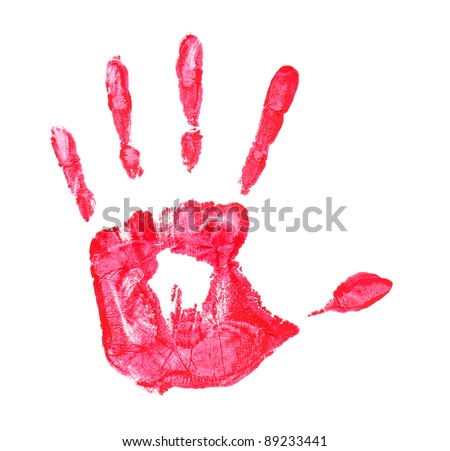 Close up of red hand painted isolated on white background
