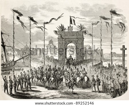 Napoleon III and empress Eugenie entrance in Saint-Malo through triumphal arch. Created by Gaildrau after mercier, published on L'Illustration, Journal Universel, Paris, 1858
