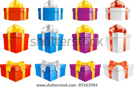 Set of basic gift-boxes three diffegent boxes in four colors, vector illustration.