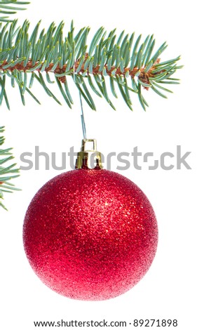 red christmas ball hanging from tree isolated on white background