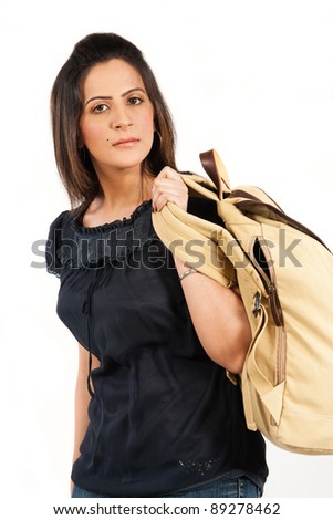 female student with back pack, isolated on white background