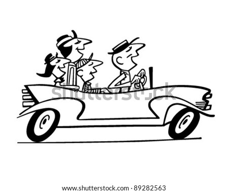 Family Car Ride 2 - Retro Clipart Illustration