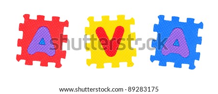The name AVA made of letter puzzle, isolated on white background.